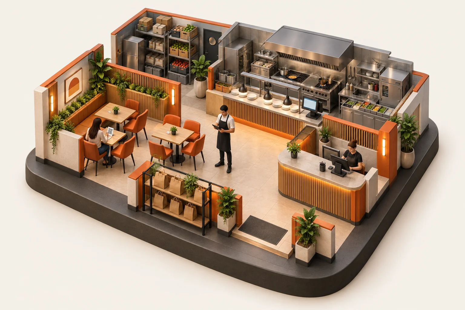 Restaurante em miniatura visto de cima: mesas à esquerda, garçom ao centro, cozinha e estoque ao fundo, caixa e retirada na entrada.